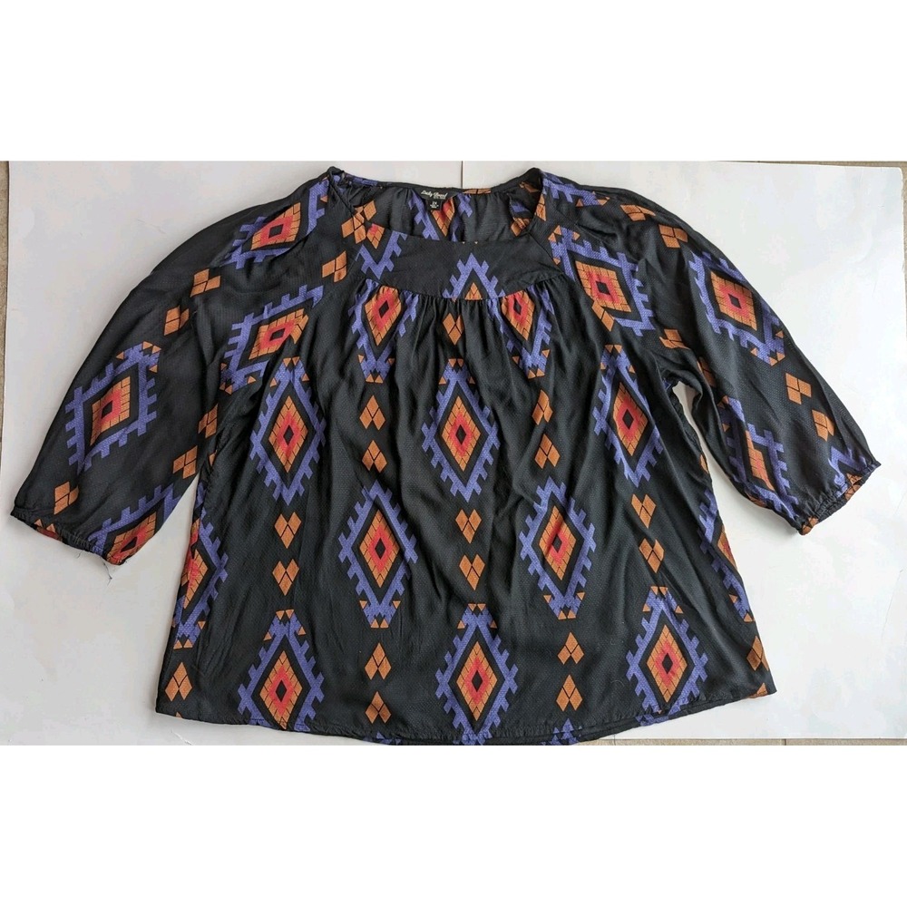 Lucky Brand Peasant Style Blouse Top 2X 3/4Sleeve Southwestern Print Black Multi